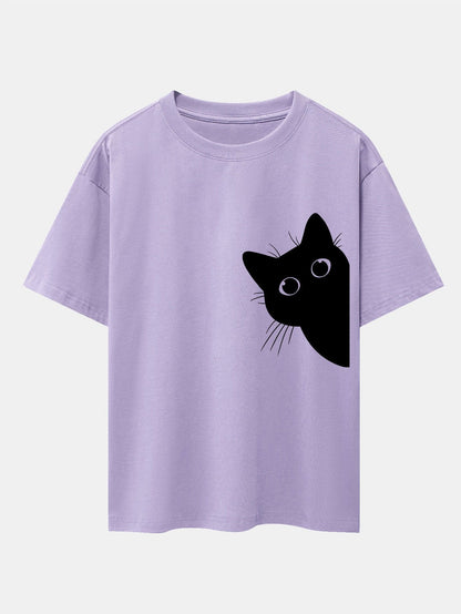 Black Cat Print Drop Shoulder Oversize T-Shirt