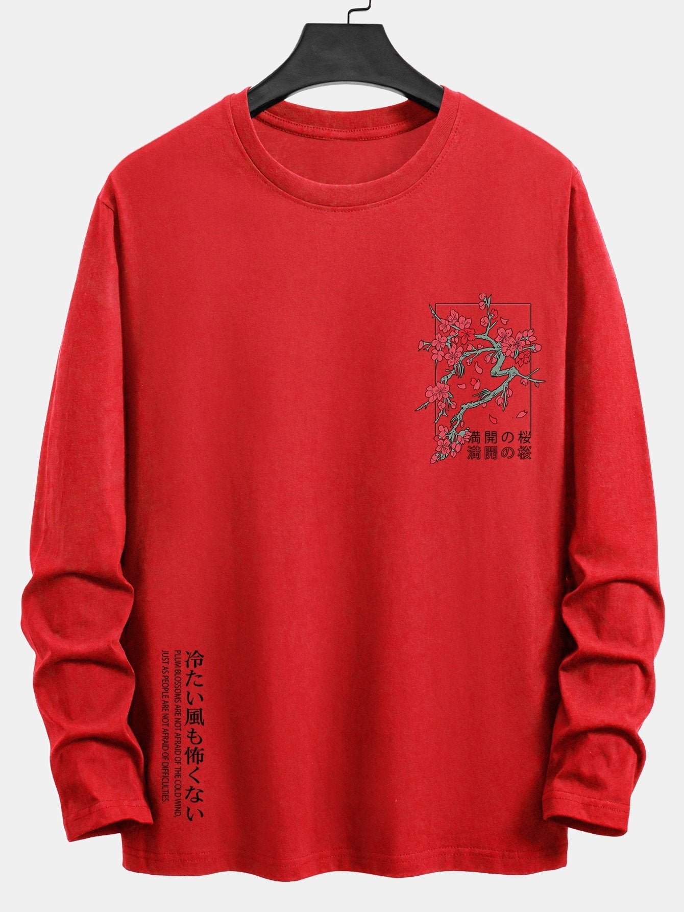 Long Sleeve Cherry Blossom Slogan Print Cotton T-Shirt