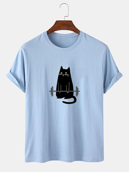 Weightlifting Cat Print T-Shirt