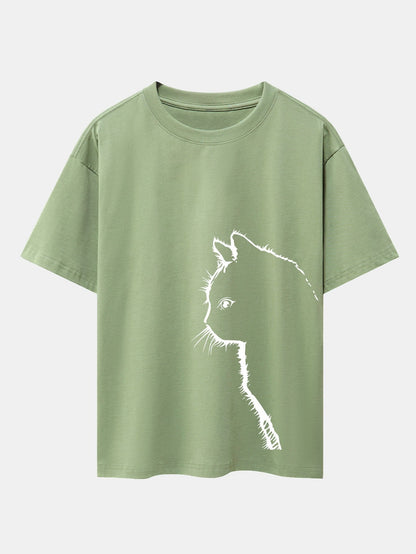 Cat Silhouette Print Drop Shoulder Oversize T-Shirt