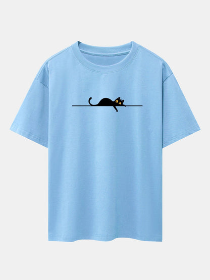 Black Cat Print Drop Shoulder Oversize T-Shirt