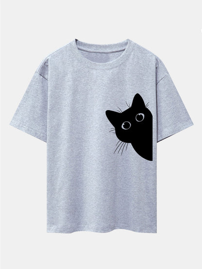 Black Cat Print Drop Shoulder Oversize T-Shirt