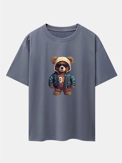 Bear In Leather Jacket Print Drop Shoulder Oversize T-Shirt