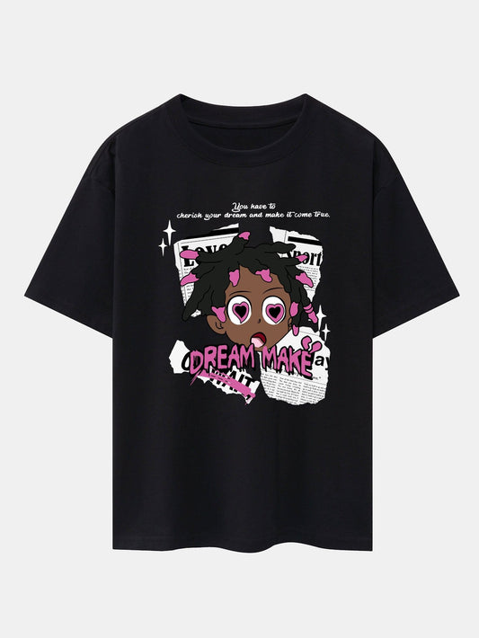Cartoon Character Newspaper Print Drop Shoulder Oversize T-Shirt