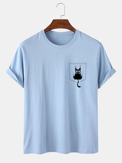 Cat Slipping Out Of Pocket Print T-Shirt