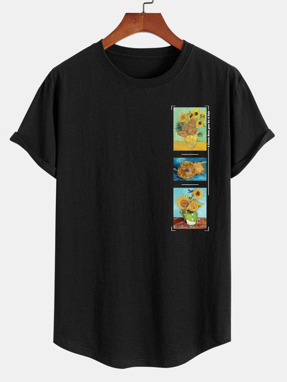 Sunflower Oil Painting Print Cotton Arc Hem T-Shirt