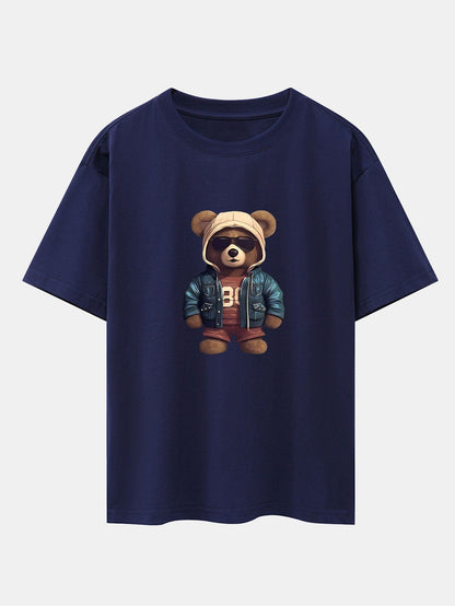 Bear In Leather Jacket Print Drop Shoulder Oversize T-Shirt
