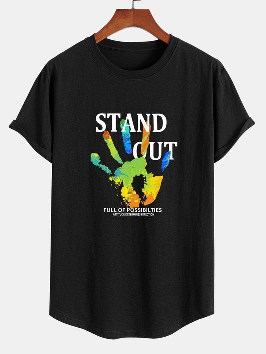 Handprint Slogan Print Cotton Arc Hem T-Shirt