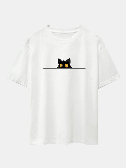 Black Cat Print Drop Shoulder Oversize T-Shirt