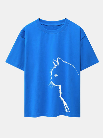 Cat Silhouette Print Drop Shoulder Oversize T-Shirt