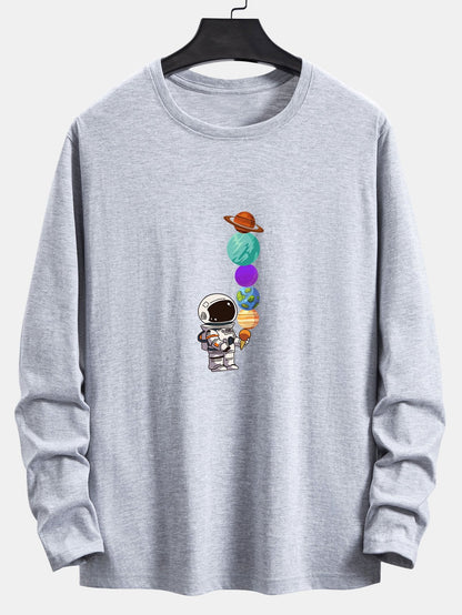 Long Sleeve Planet Astronaut Print Cotton T-Shirt