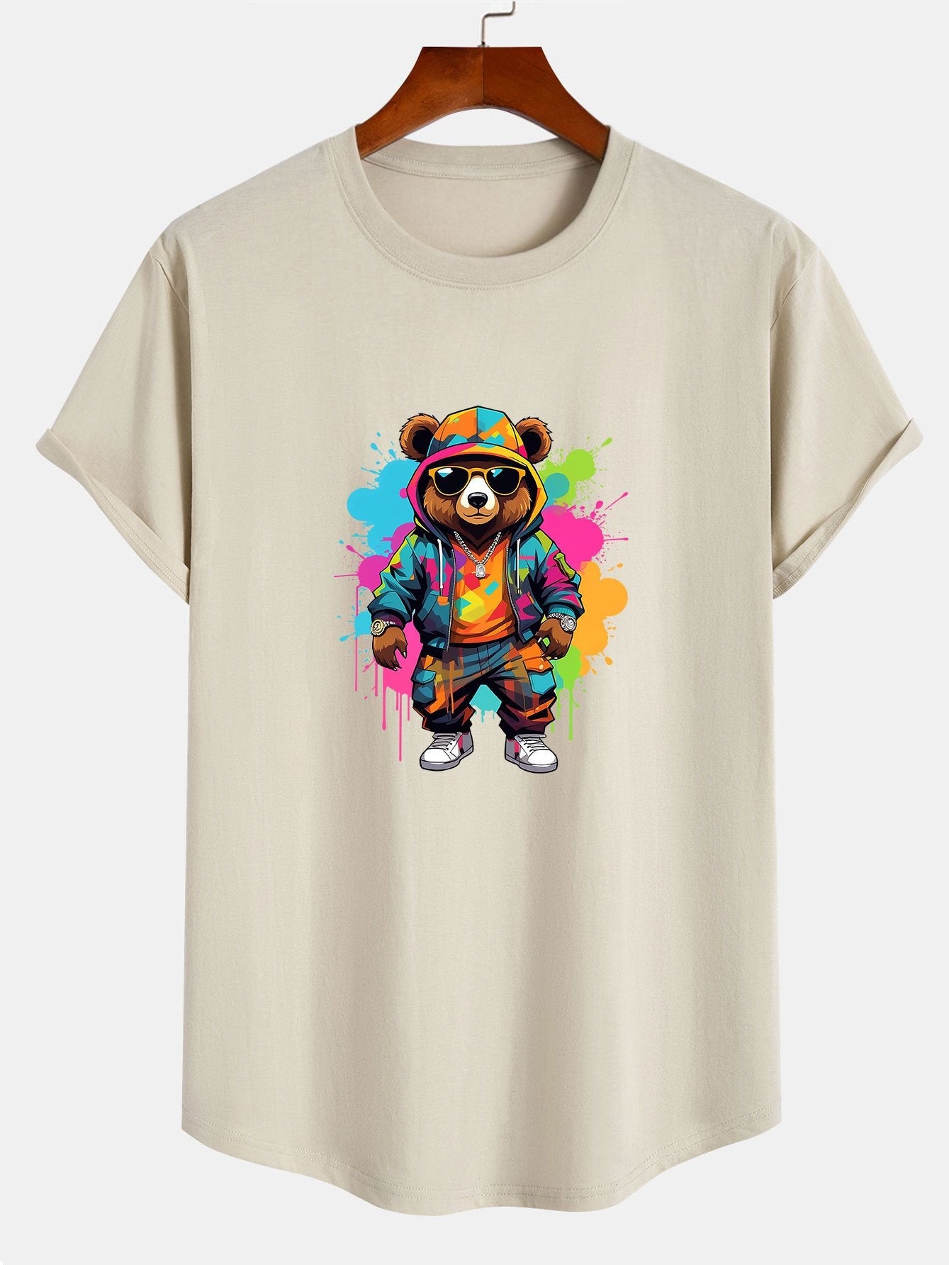 Graffiti Bear Print Cotton Arc Hem T-Shirt