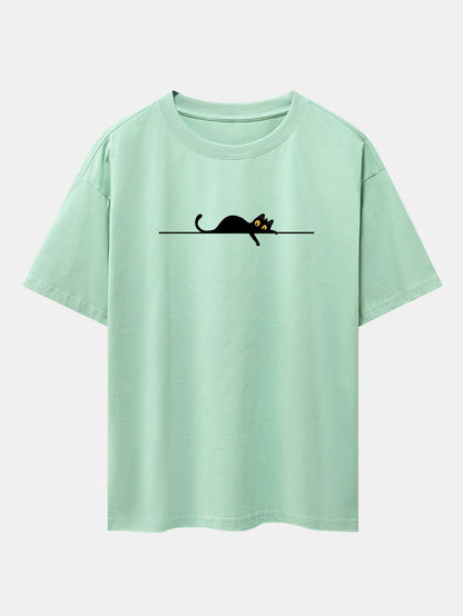 Black Cat Print Drop Shoulder Oversize T-Shirt