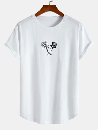 Two Roses Print Cotton Arc Hem T-Shirt