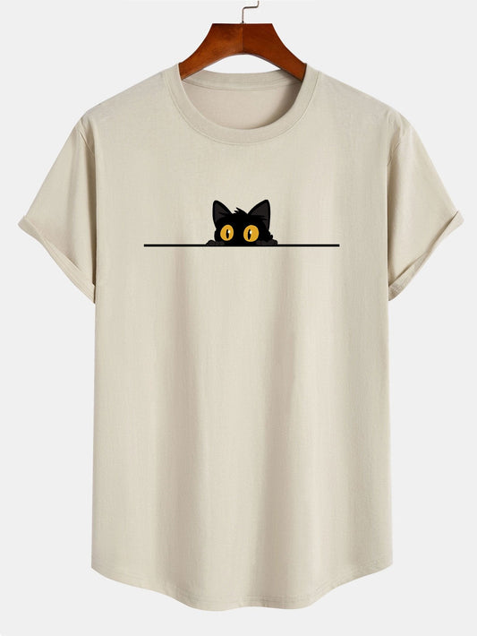 Black Cat Print Cotton Arc Hem T-Shirt