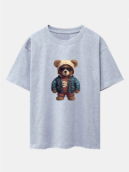 Bear In Leather Jacket Print Drop Shoulder Oversize T-Shirt