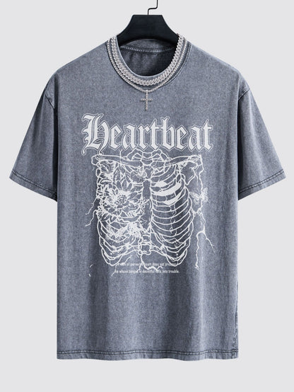 Slogan Skeleton Print Washed Drop Shoulder Oversize T-Shirt