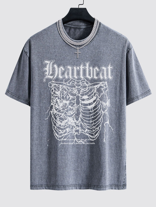 Slogan Skeleton Print Washed Drop Shoulder Oversize T-Shirt