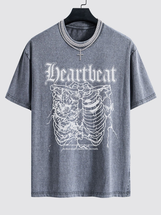 Slogan Skeleton Print Washed Drop Shoulder Oversize T-Shirt