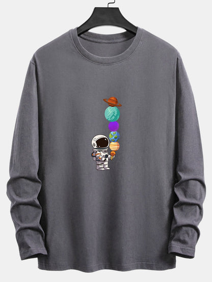 Long Sleeve Planet Astronaut Print Cotton T-Shirt
