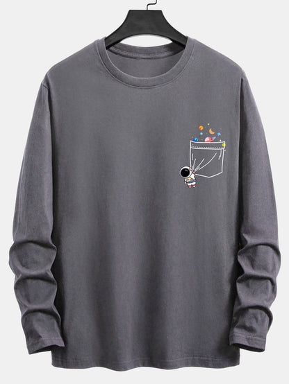 Long Sleeve Pocket Planet Astronaut Print Cotton T-Shirt