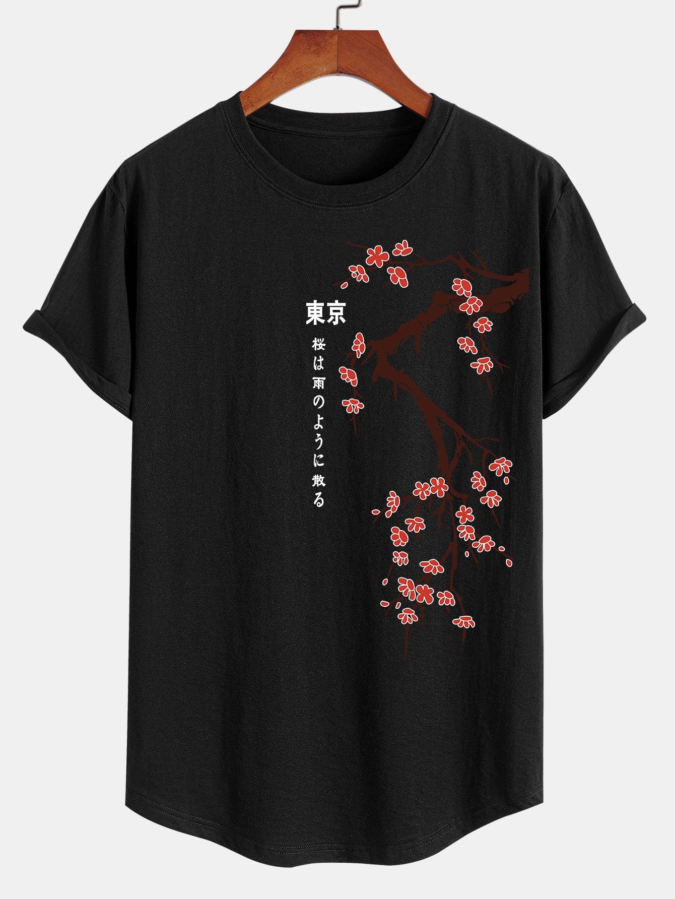 Tokyo Japanese Cherry Blossoms Print Cotton Arc Hem T-Shirt