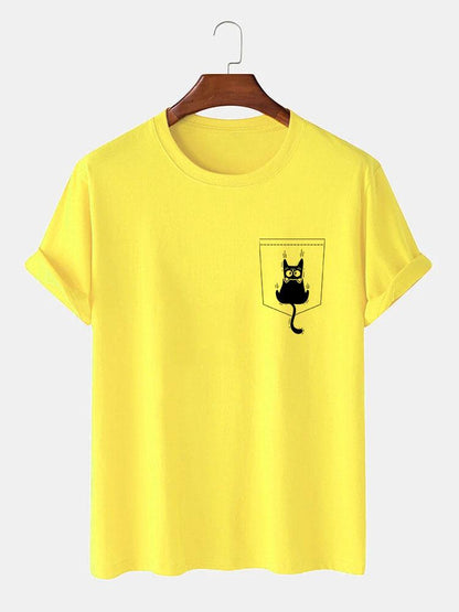 Cat Slipping Out Of Pocket Print T-Shirt