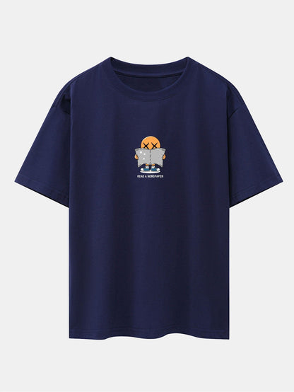 Cartoon Smiley Read Newspaper Print Drop Shoulder Oversize T-Shirt