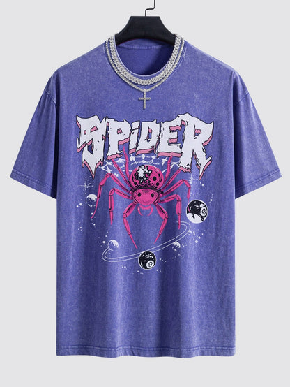 Spider Print Washed Drop Shoulder Oversize T-Shirt