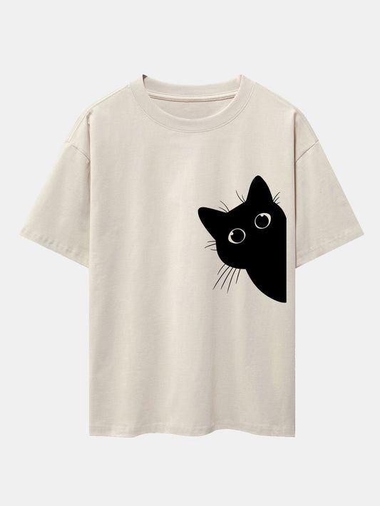 Black Cat Print Drop Shoulder Oversize T-Shirt