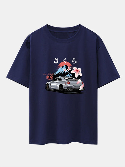 Tokyo Cherry Blossoms Car Print Drop Shoulder Oversize T-Shirt