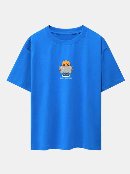 Cartoon Smiley Read Newspaper Print Drop Shoulder Oversize T-Shirt