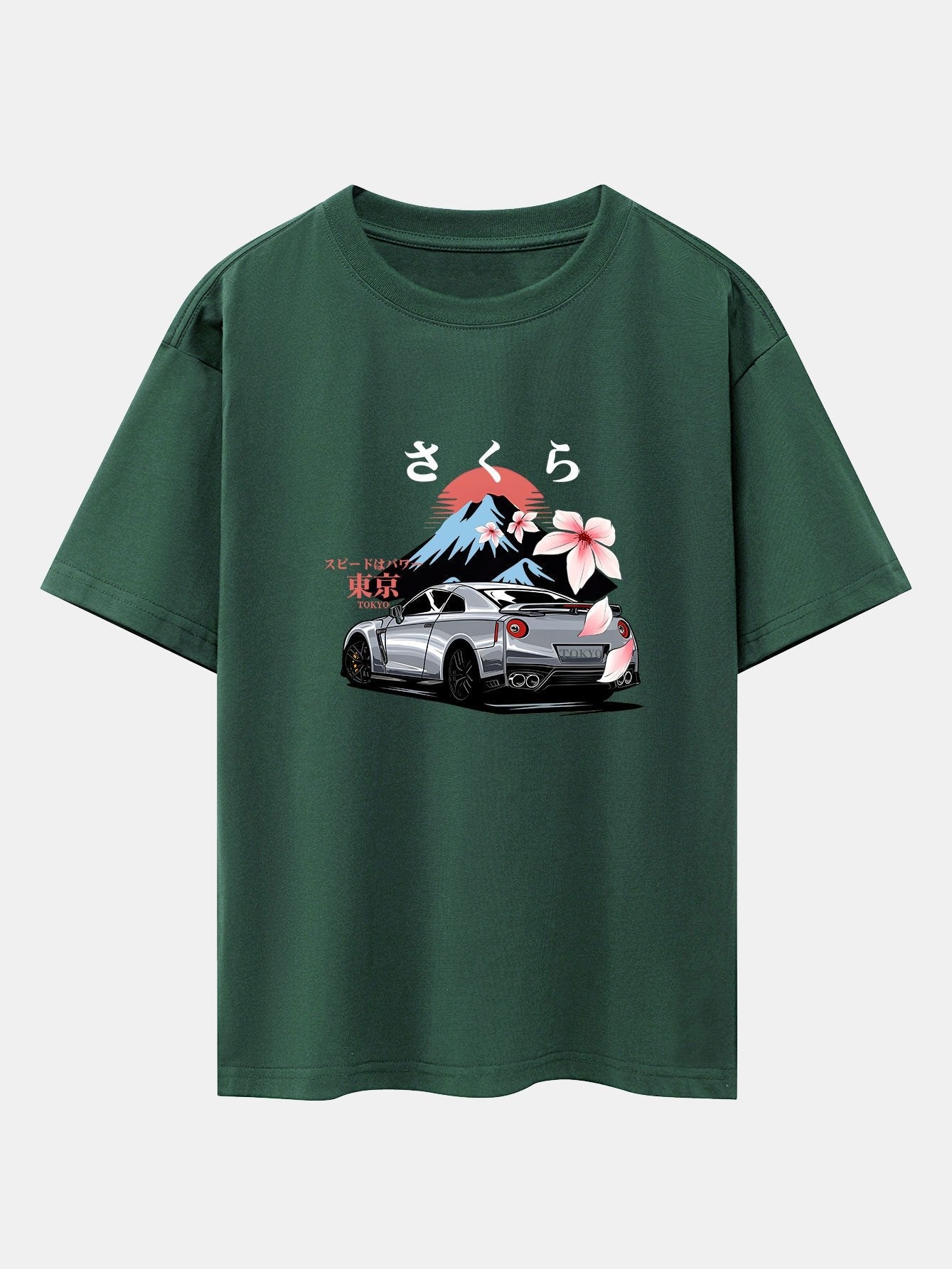 Tokyo Cherry Blossoms Car Print Drop Shoulder Oversize T-Shirt