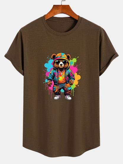 Graffiti Bear Print Cotton Arc Hem T-Shirt