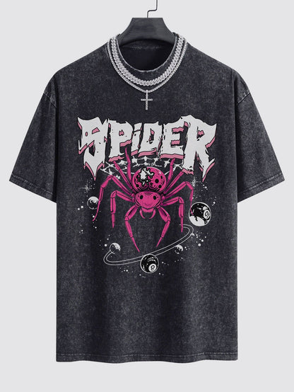 Spider Print Washed Drop Shoulder Oversize T-Shirt