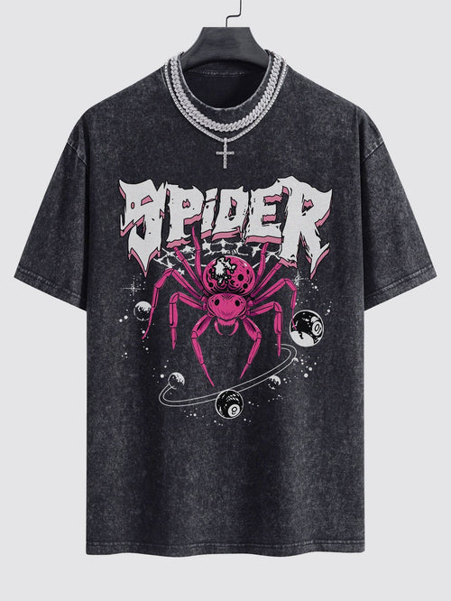 Spider Print Washed Drop Shoulder Oversize T-Shirt