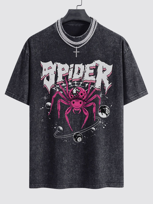 Spider Print Washed Drop Shoulder Oversize T-Shirt