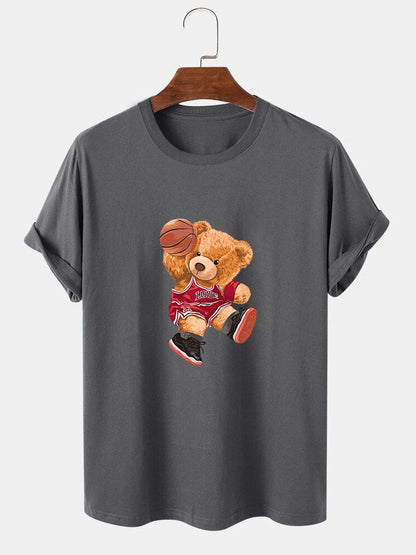 Bear Playing Basketball Print T-Shirt