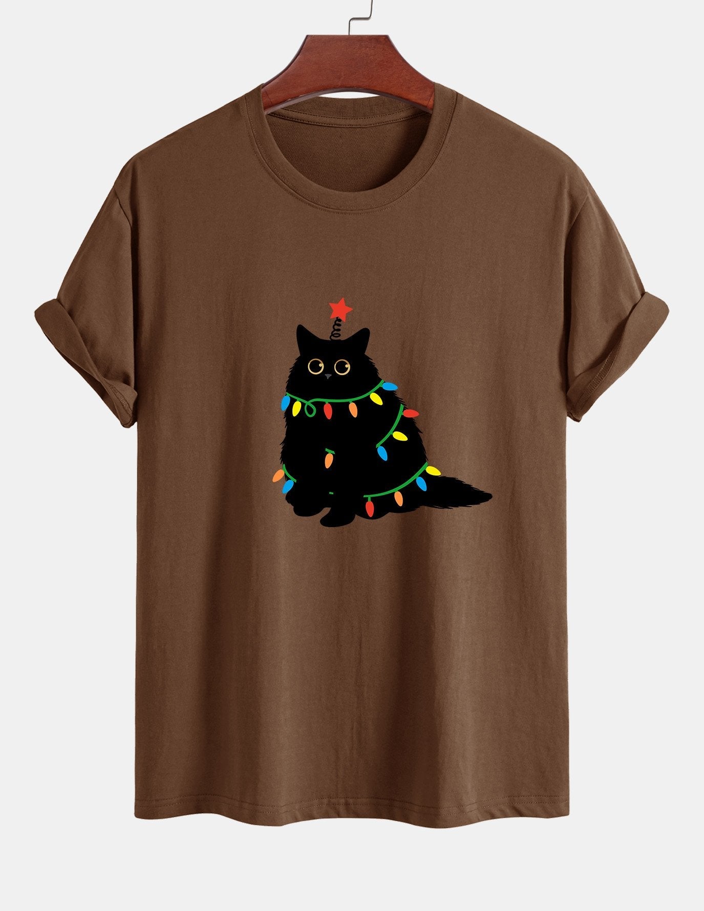 Regular Fit Colorful Light Black Cat Print Cotton T-Shirt