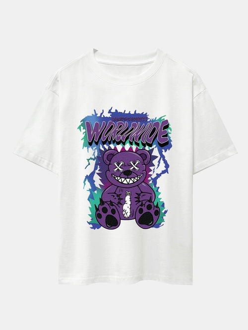 Tattered Bear Print Drop Shoulder Oversize T-Shirt