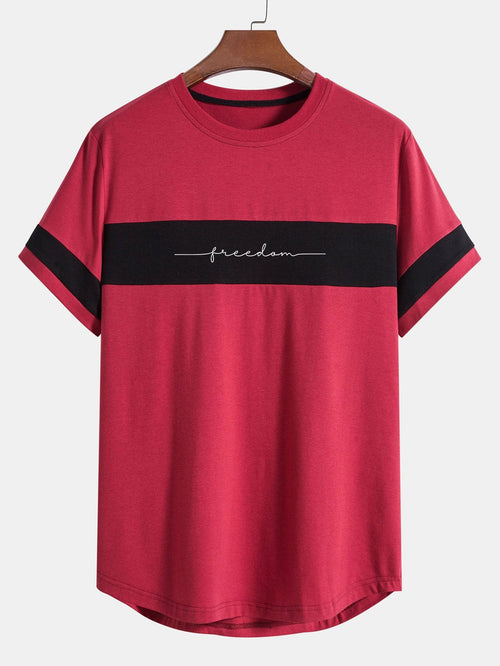 Hand Drawn Free Letter Print Color Block Patchwork Arc Hem T-Shirt