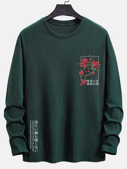 Long Sleeve Cherry Blossom Slogan Print Cotton T-Shirt