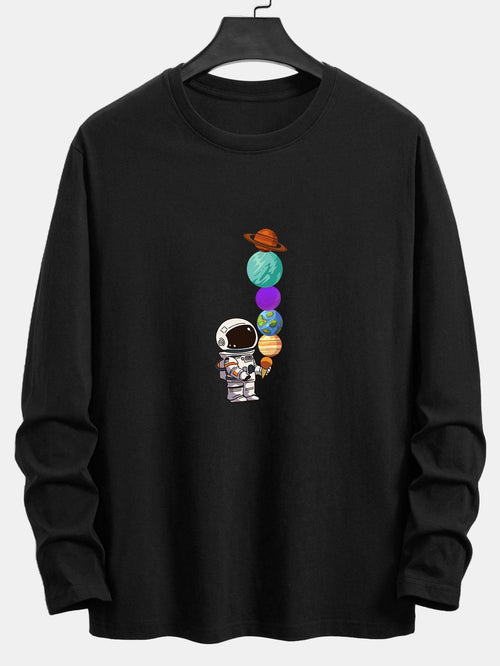 Long Sleeve Planet Astronaut Print Cotton T-Shirt