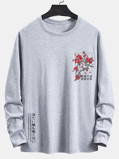 Long Sleeve Cherry Blossom Slogan Print Cotton T-Shirt