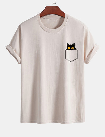 Regular Fit Pocket Black Cat Print Cotton T-Shirt