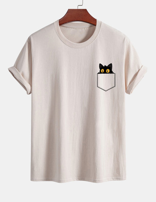 Regular Fit Pocket Black Cat Print Cotton T-Shirt