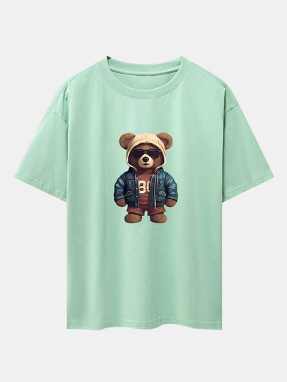 Bear In Leather Jacket Print Drop Shoulder Oversize T-Shirt