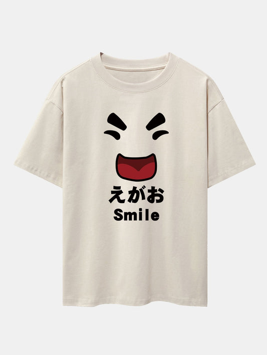Smiley Face Print Drop Shoulder Oversize T-Shirt