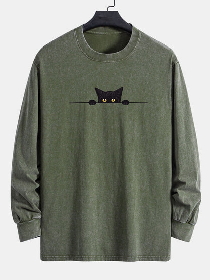 Black Cat Print Relax Fit Long Sleeve Washed Distressed T-Shirt