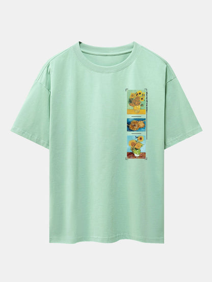 Sunflower Oil Painting Print Drop Shoulder Oversize T-Shirt
